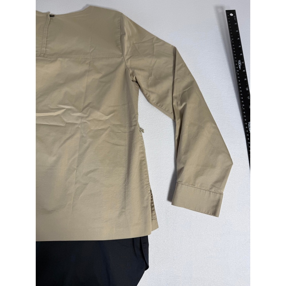 Elie Tahari Womens XL Long Sleeve Color Block Blouse Tan Black Cotton Blend Top - Picture 4 of 8